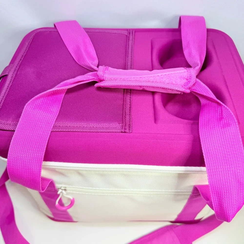 Pink and White Insulated Soft Cooler Bag with Cup Holders and Shoulder Strap
